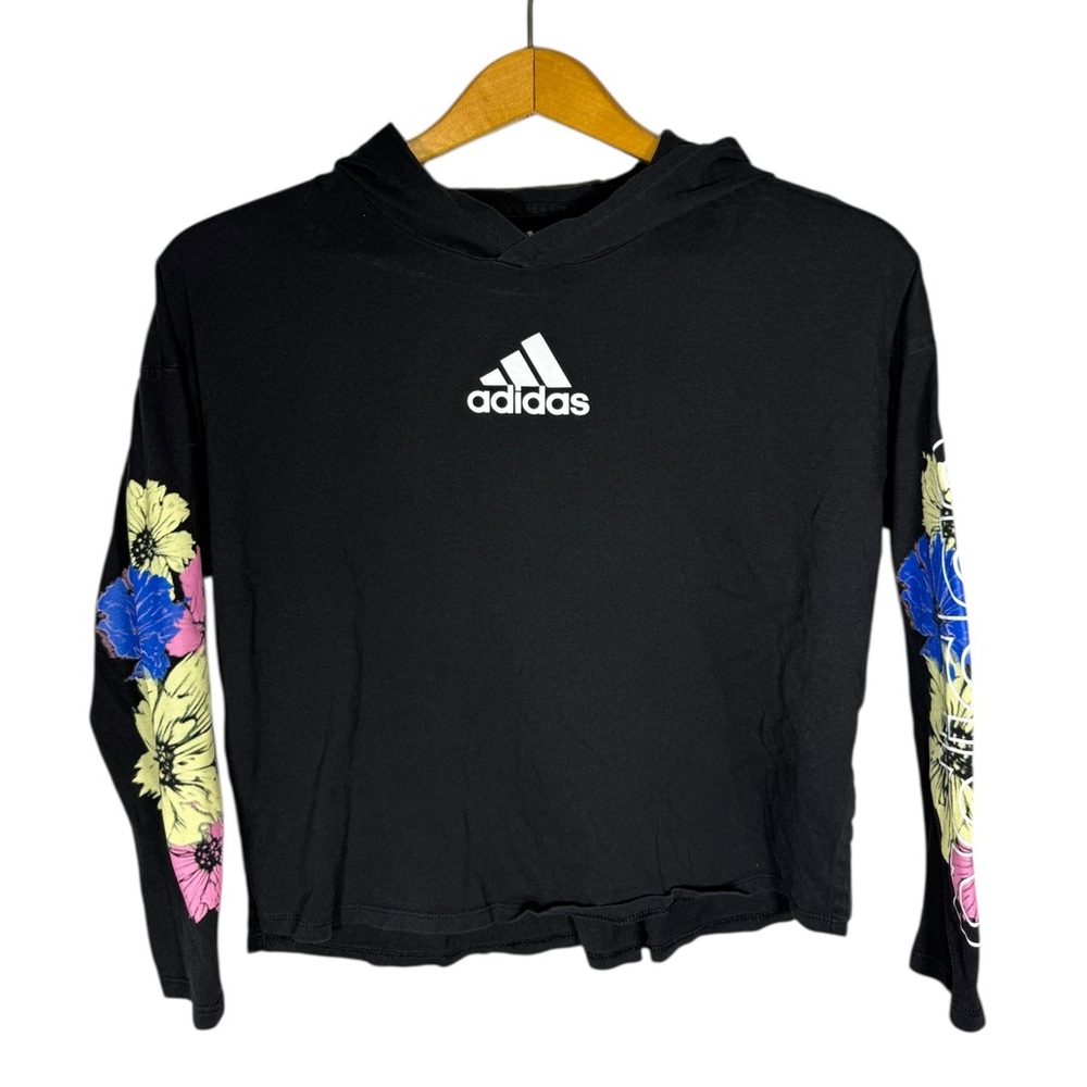 Adidas Black Hoodie Top  Floral Sleeves Size M Loose Fit